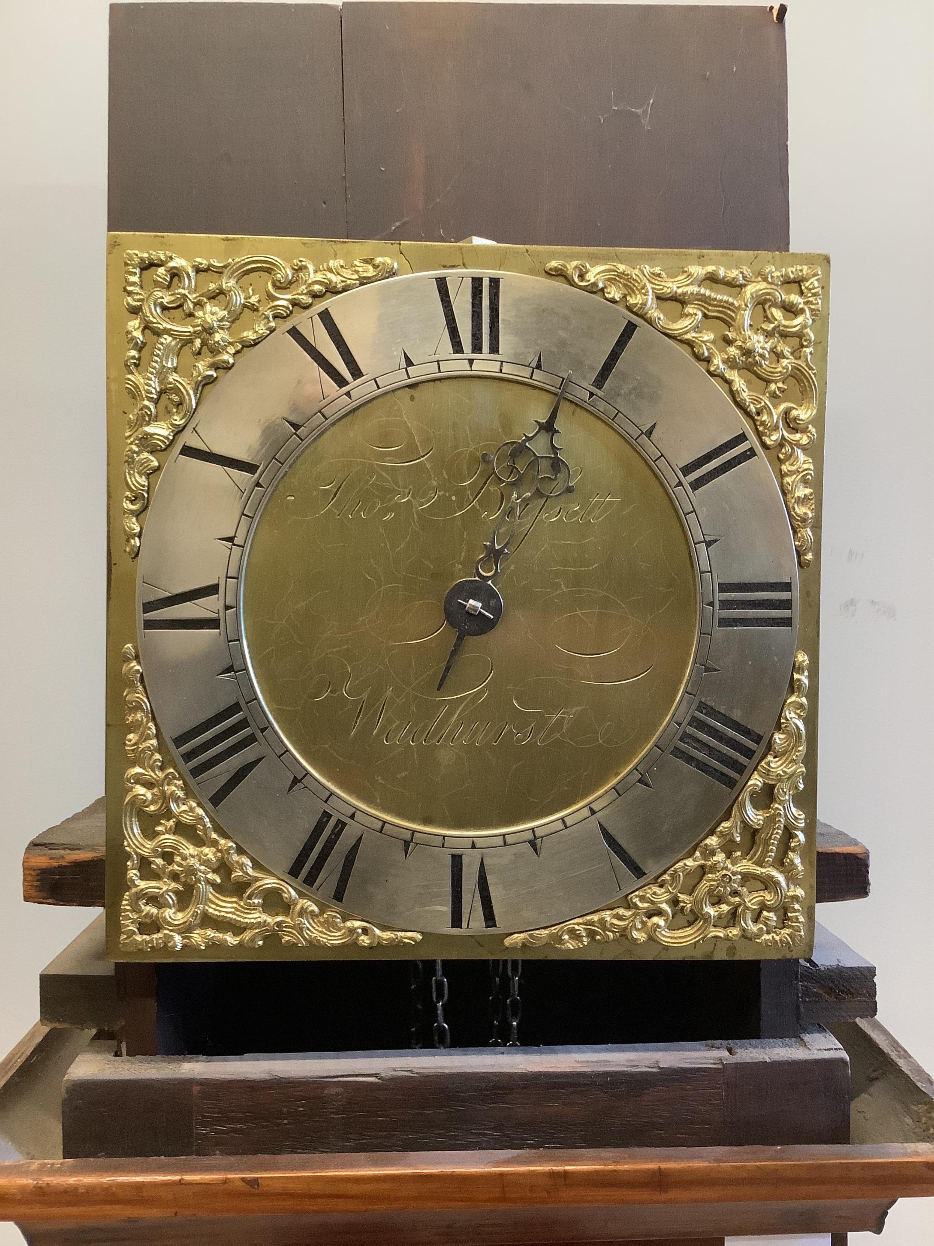 Thomas Bassett, Wadhurst, an 18th century pine thirty hour longcase clock with 10 inch brass dial, height 188cm. Condition - good.